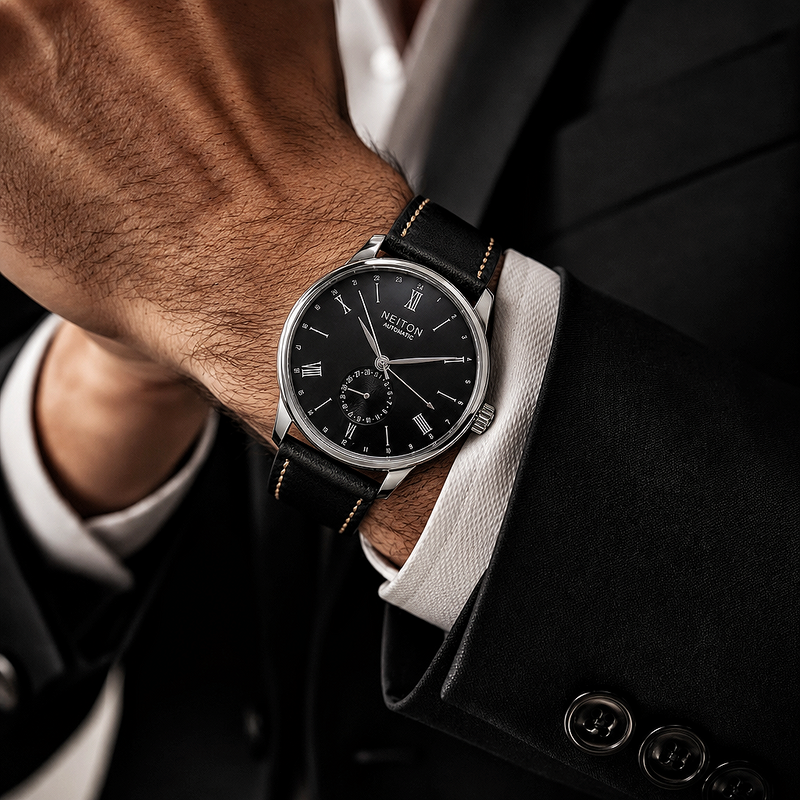 A photo of a wrist wearing a Neiton watch.