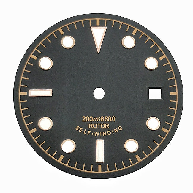 Black and brown vintage-style dive watch dial with baton and dot markers.