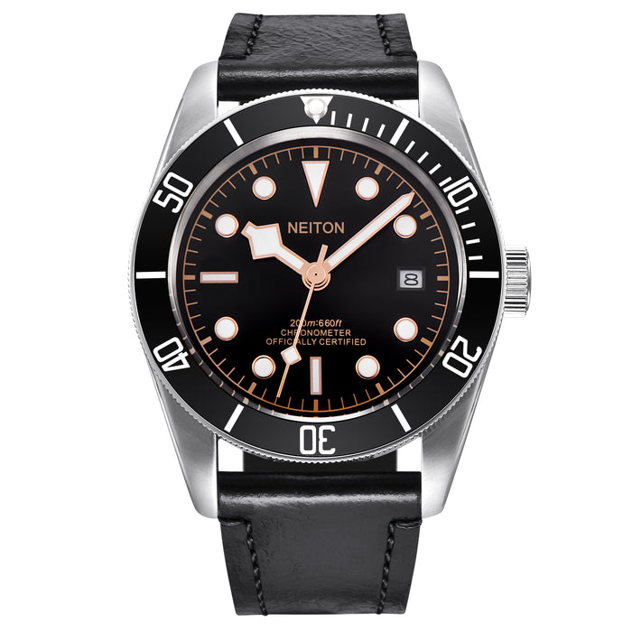 Black strap paired with a black dial.