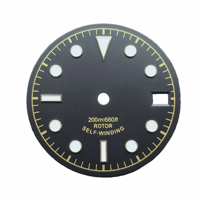 Black, white, and yellow military-style watch dial,