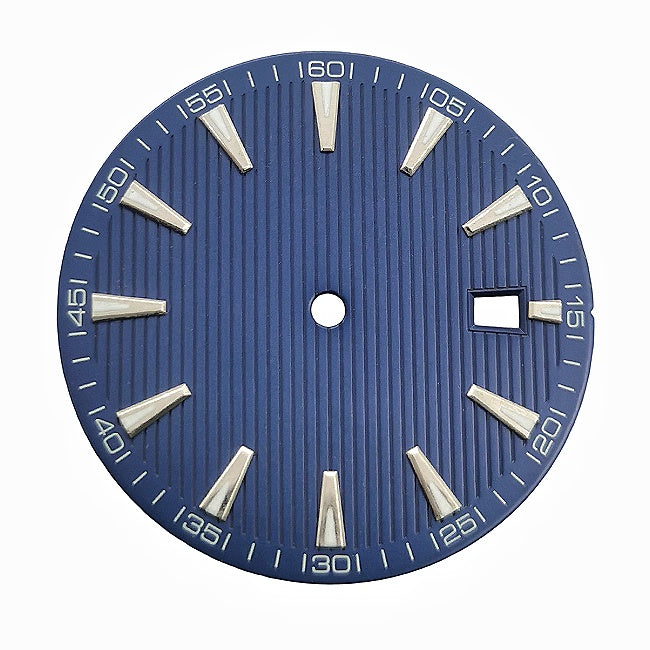 Blue-toned, striped dress watch dial with applied baton hour markers