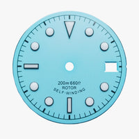 Blue and white military-style watch dial,