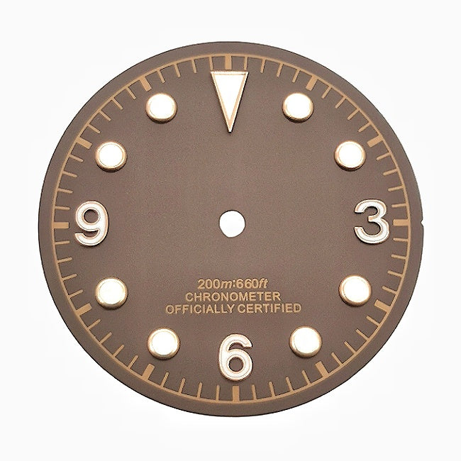 Brown vintage-style diving watch dial with baton and dot markers.