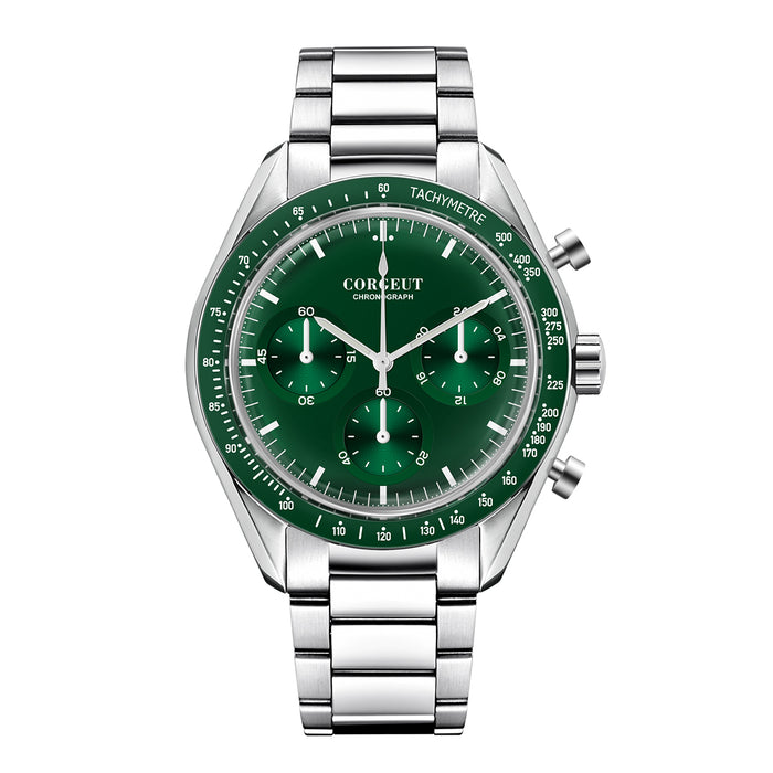 Corgeut Hot Sells High Quality 40mm Mineral Glass Stainless Steel Strap Black Dial Dive Chronograph Men Wrist Quartz Watches