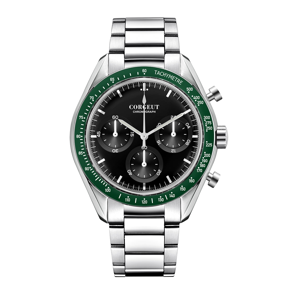 Corgeut Hot Sells High Quality 40mm Mineral Glass Stainless Steel Strap Black Dial Dive Chronograph Men Wrist Quartz Watches