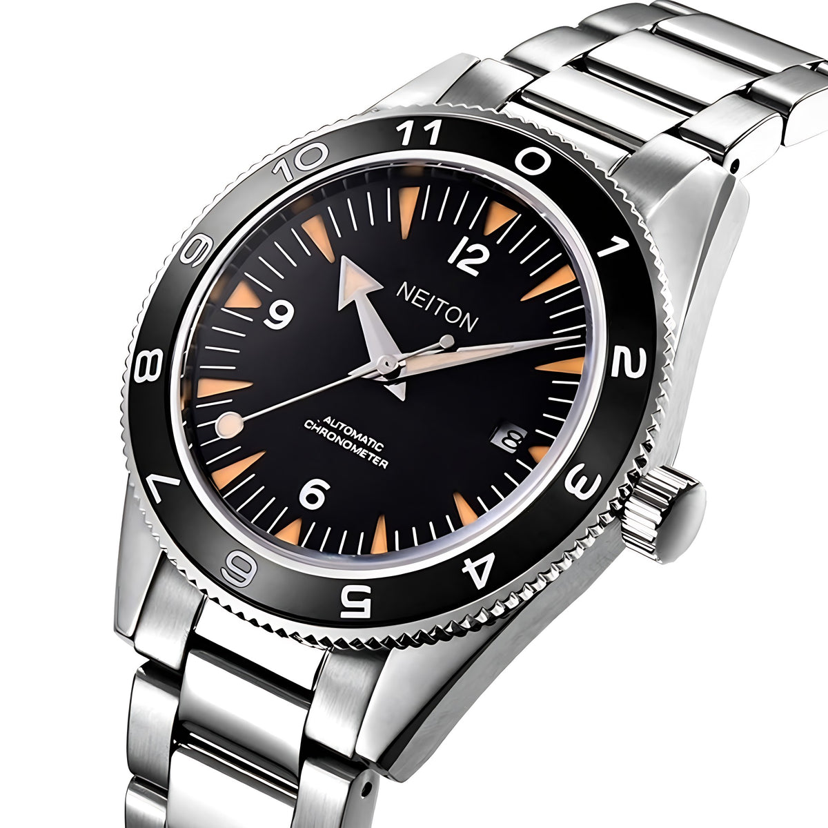 Close-up view of the NEITON black GMT watch