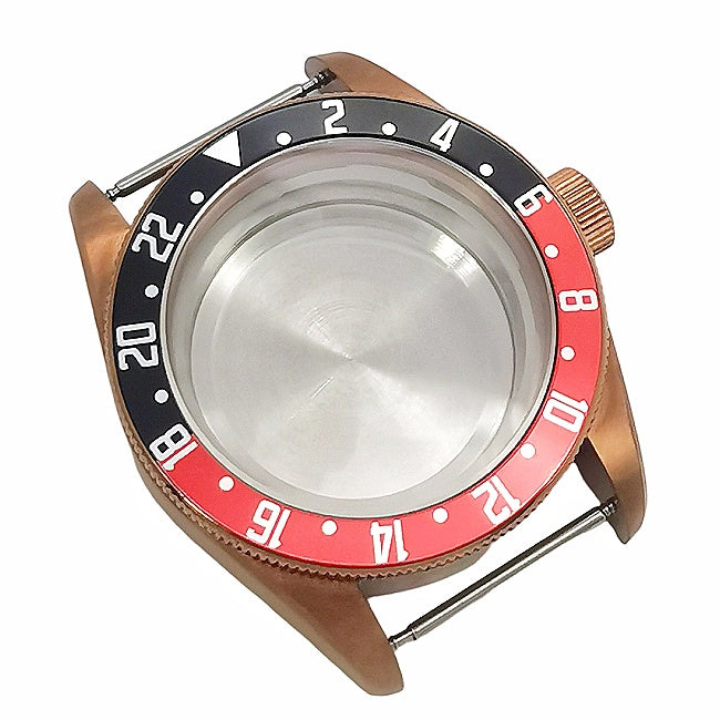 GMT-style case with a black and red bezel