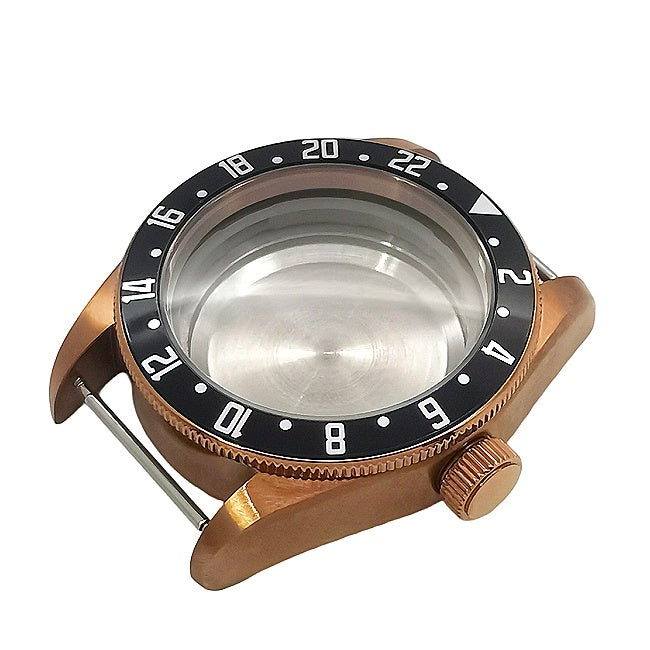 GMT-style case with a black bezel