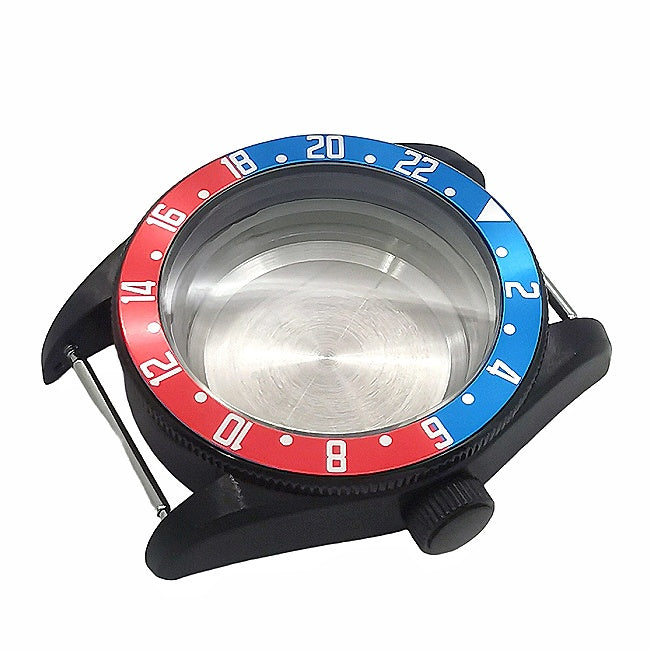 GMT-style case with a blue-and-red bezel