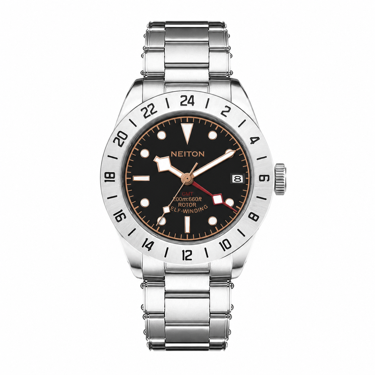 GMT watch with a black and orange dial