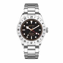 GMT watch with a black and orange dial