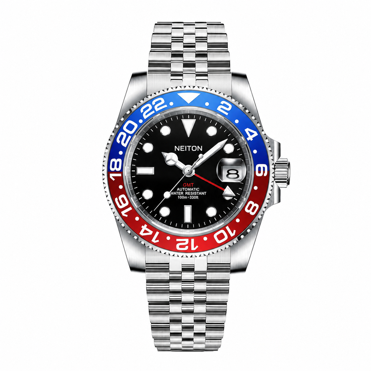 NEITON 6001G GMT watch with blue and red bezel and black dial on a steel jubilee bracelet
