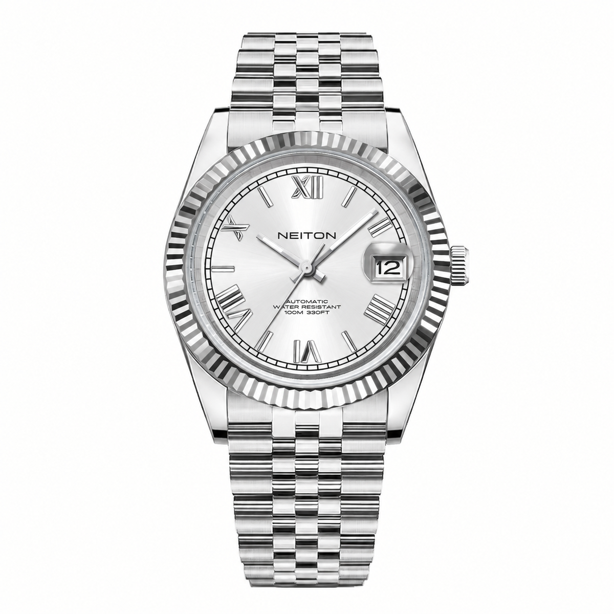 NEITON 6002L dress watch with silver Roman numeral dial and fluted bezel on a steel jubilee bracelet