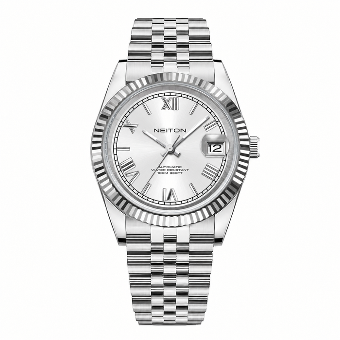 NEITON 6002L dress watch with silver Roman numeral dial and fluted bezel on a steel jubilee bracelet