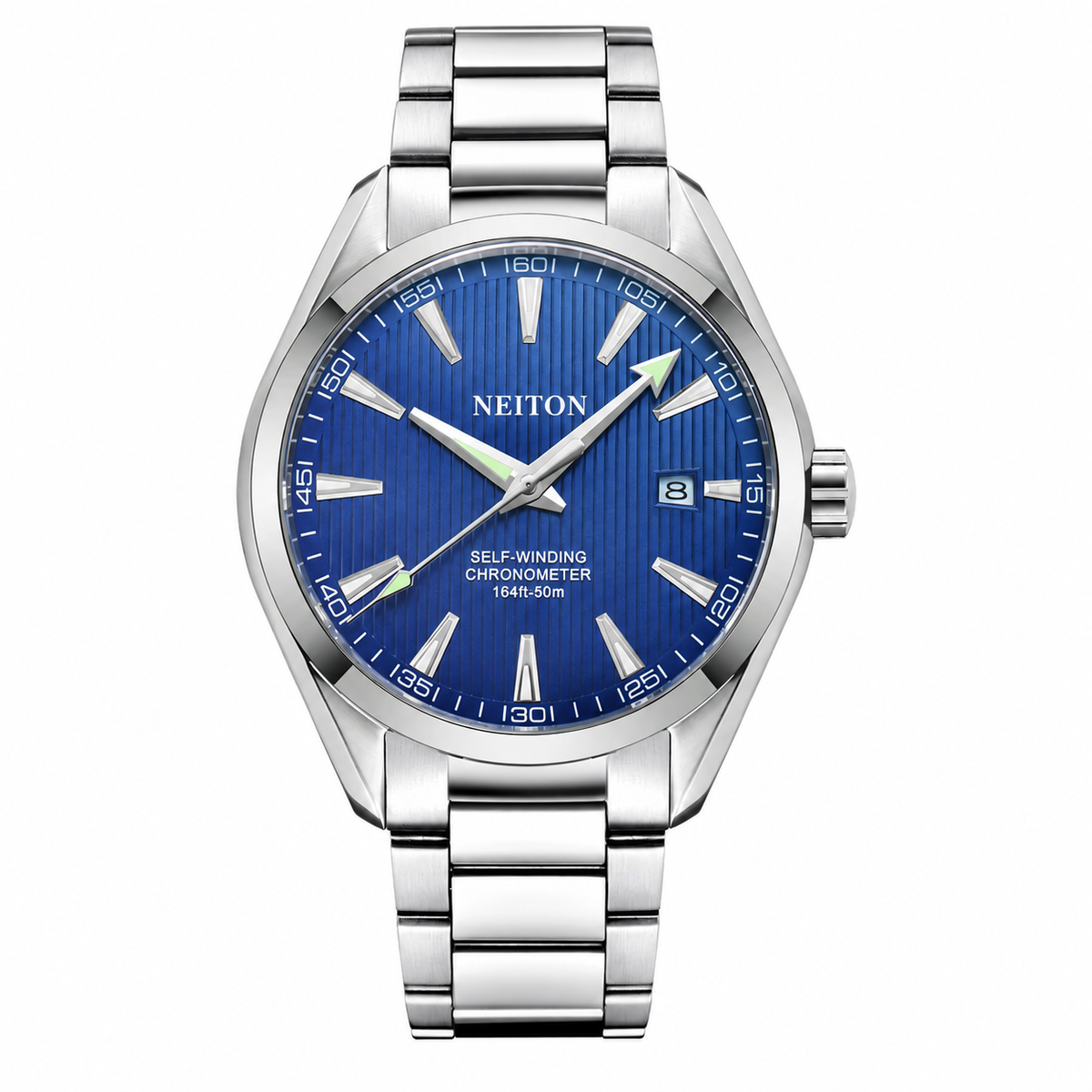 NEITON 6010 watch with blue vertically striped dial and polished bezel on a steel bracelet