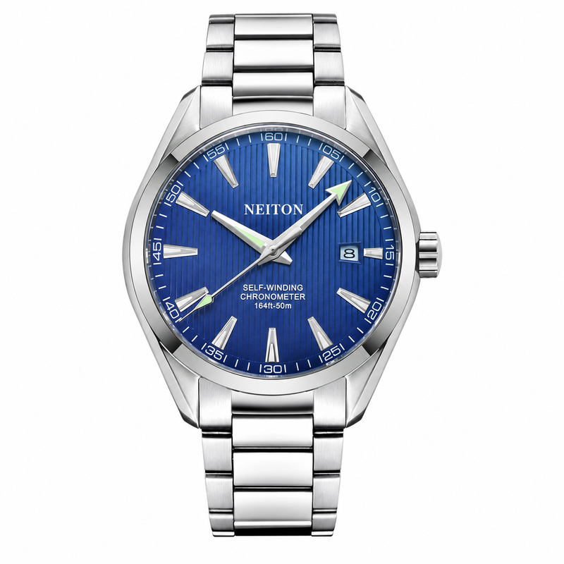 NEITON 6010 watch with blue vertically striped dial and polished bezel on a steel bracelet