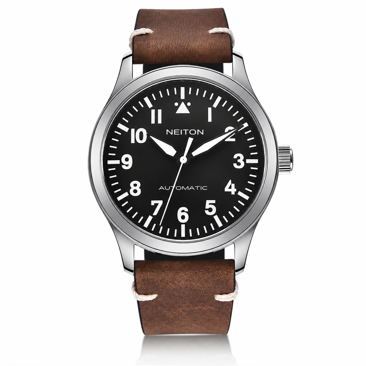 NEITON 6011 pilot watch with black dial and white Arabic numerals on a brown leather strap