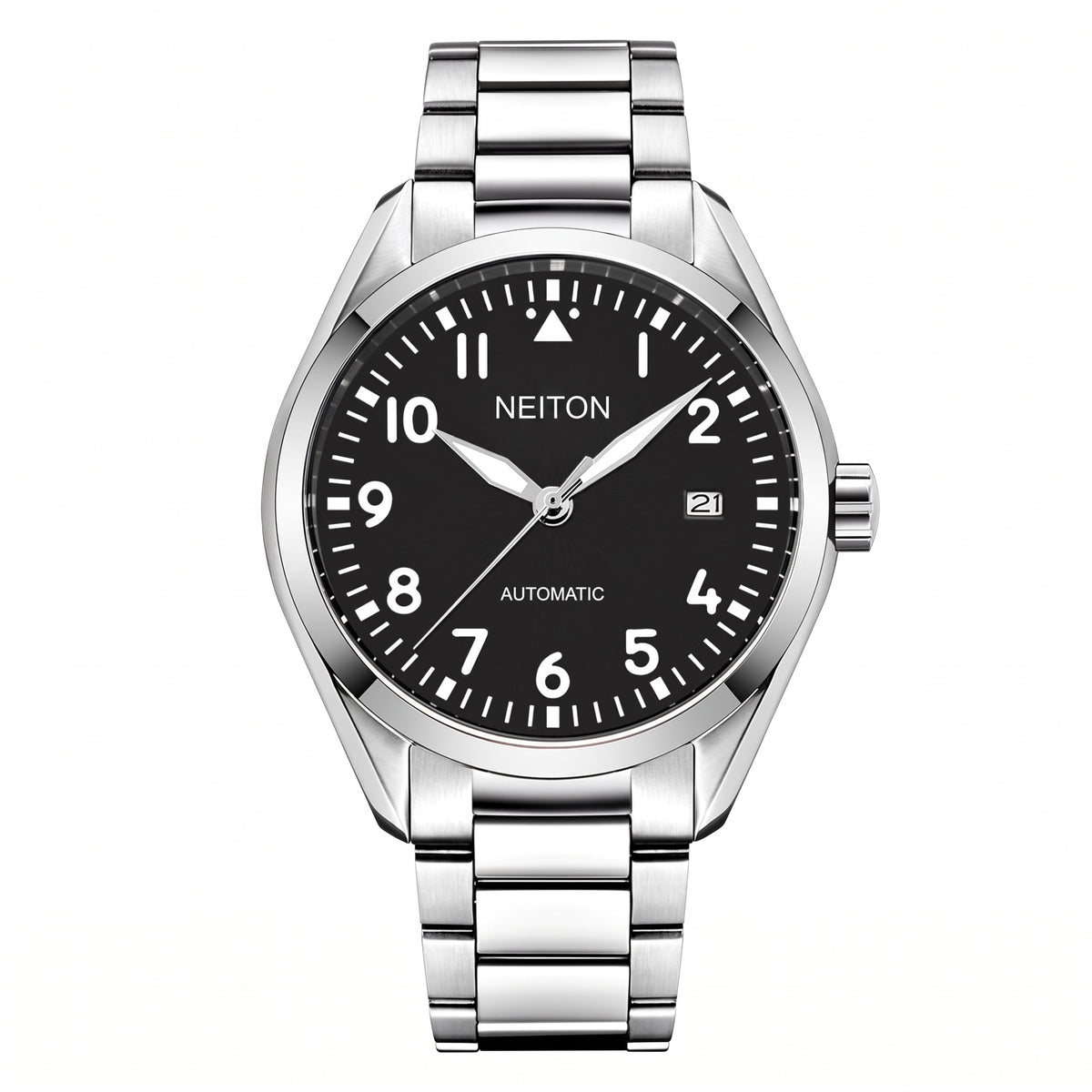 NEITON 6015 pilot watch with black dial and white Arabic numerals on a steel link bracelet
