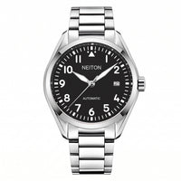 NEITON 6015 pilot watch with black dial and white Arabic numerals on a steel link bracelet