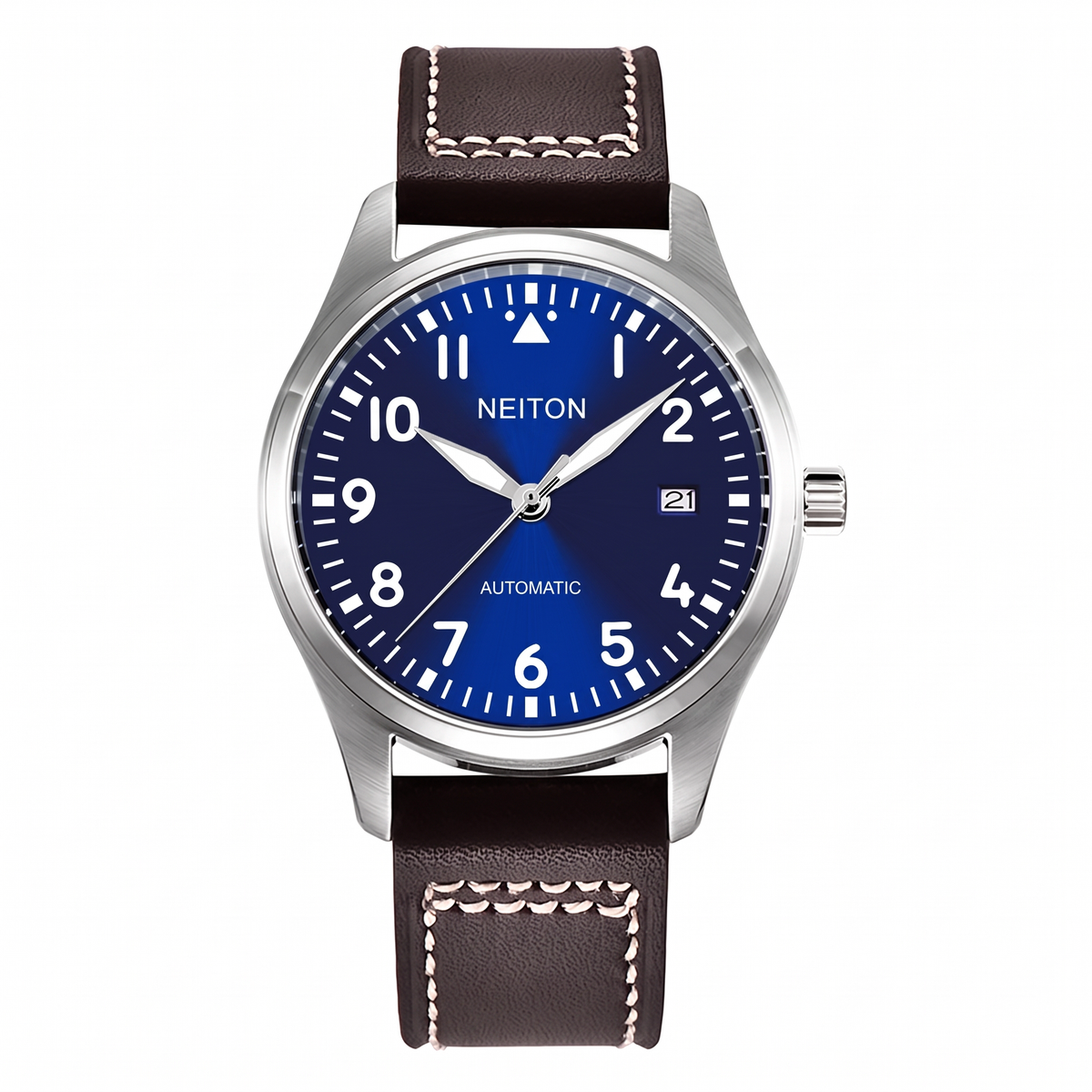 NEITON 6015 pilot watch with blue sunray dial on a dark brown leather strap with white stitching