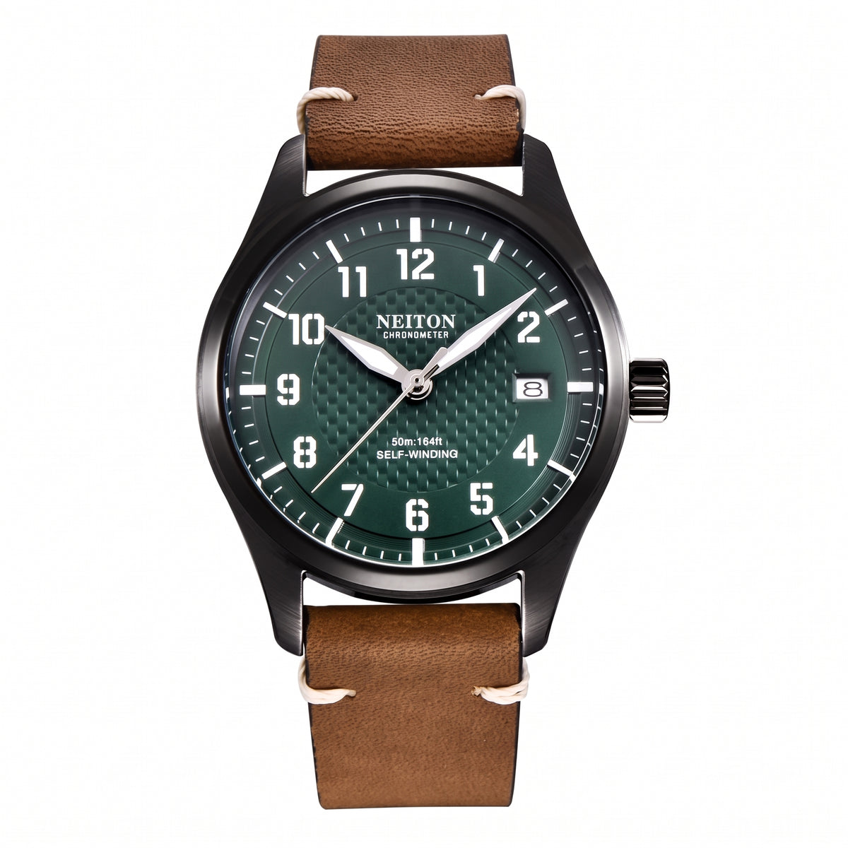 NEITON 6015 pilot watch with green textured dial and black PVD case on a tan leather strap