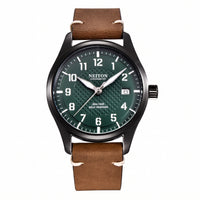 NEITON 6015 pilot watch with green textured dial and black PVD case on a tan leather strap