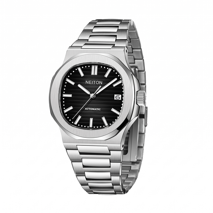 NEITON 6017 steel watch with black textured dial and integrated bracelet shown at an angled view
