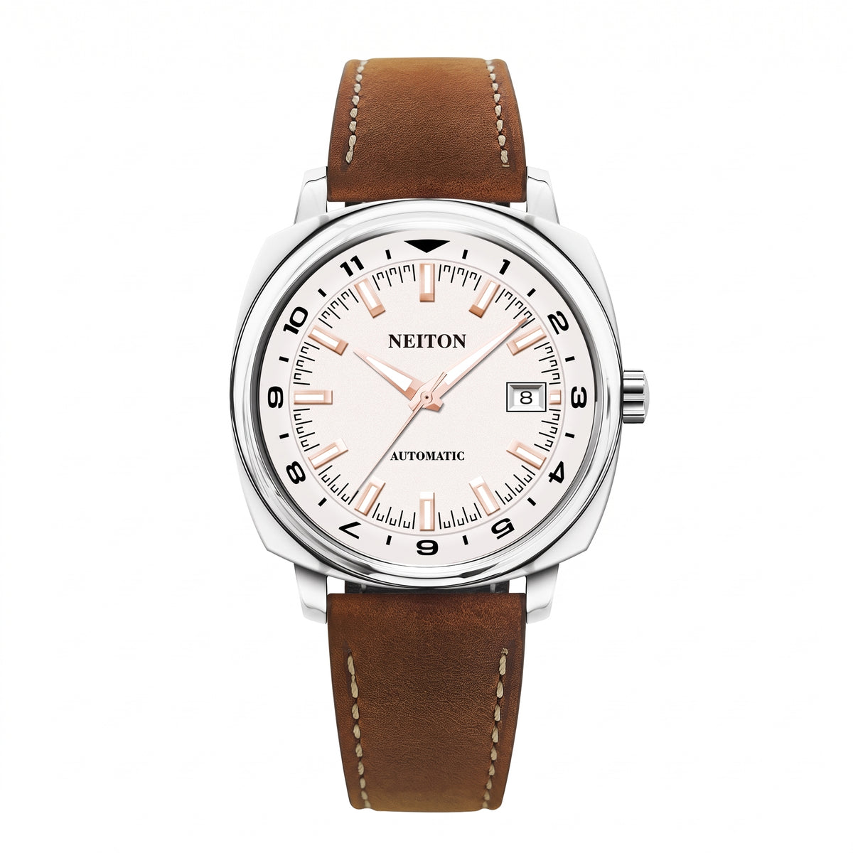 NEITON 6019 cushion case watch with silver dial and rose gold Arabic numerals on a brown leather strap
