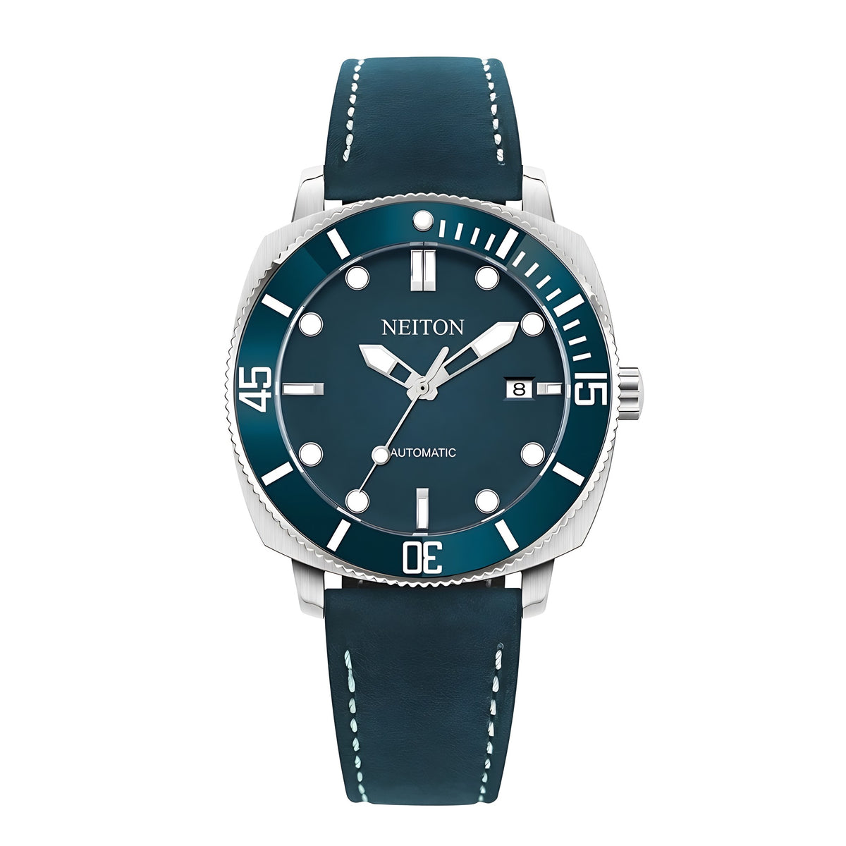 NEITON 6030 dive watch with navy blue dial and matching bezel on a blue leather strap