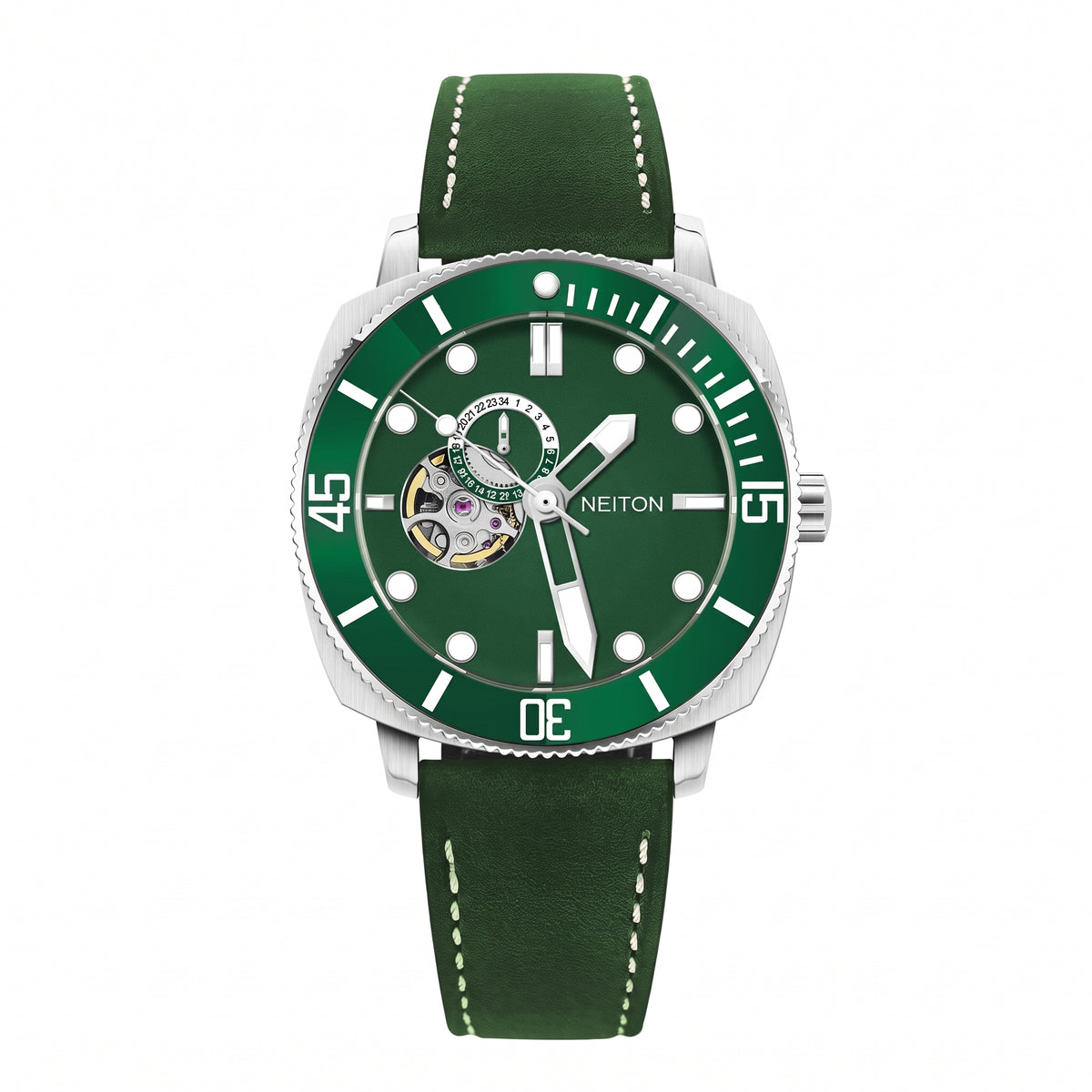 NEITON 6030 green dive watch with open heart dial showing the balance wheel on a green leather strap