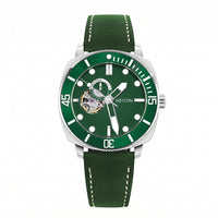 NEITON 6030 green dive watch with open heart dial showing the balance wheel on a green leather strap