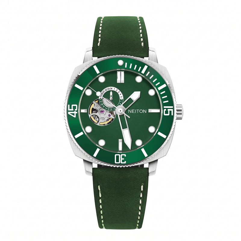 NEITON 6030 green dive watch with open heart dial showing the balance wheel on a green leather strap