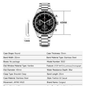 Corgeut 9005 VK63 Movement Sapphire Mirror 100m waterproof