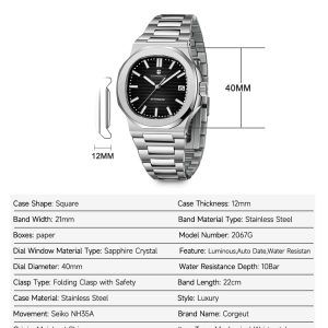 Corgeut 6017 NH35 Movement Sapphire Mirror 100m waterproof